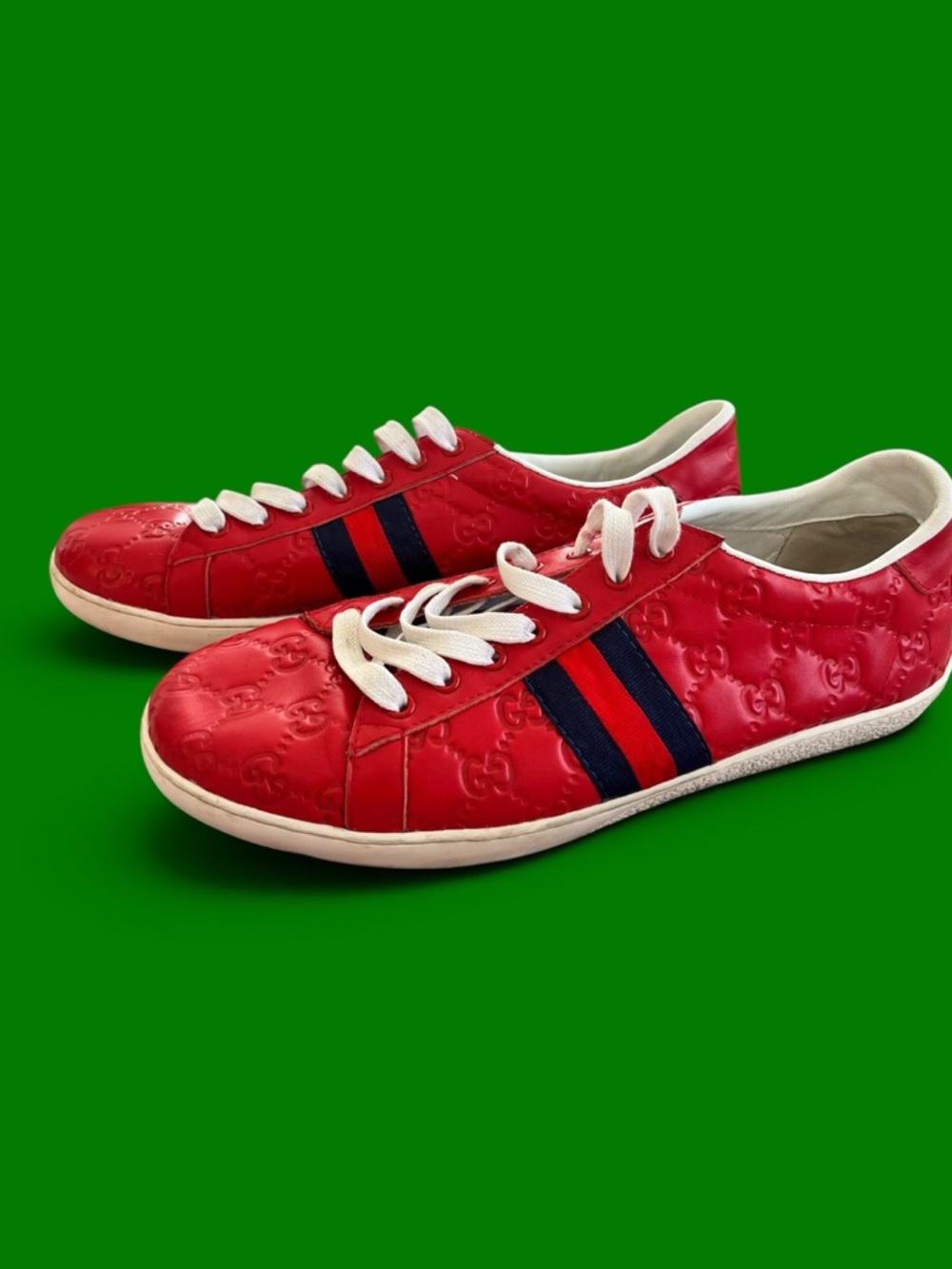 Gucci Ace Web GG Monogram Low Top Sneakers Red Leather US 11 EU 44 Pre Owned - Picture 4 of 10